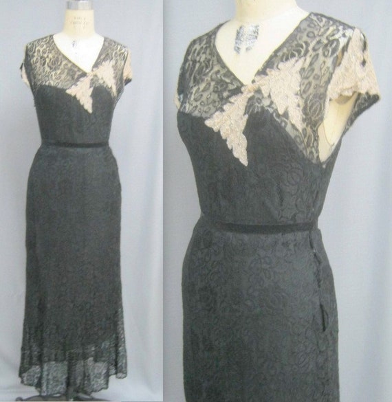 Vintage 30s Black LACE Evening GOWN Maxi Long For… - image 1