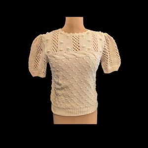 Vintage 80er- BAUMWOLL-SWEATSHIRT mit PUFFED Ärmel Strukturstrick ~Kleine Büste 34+&quot;