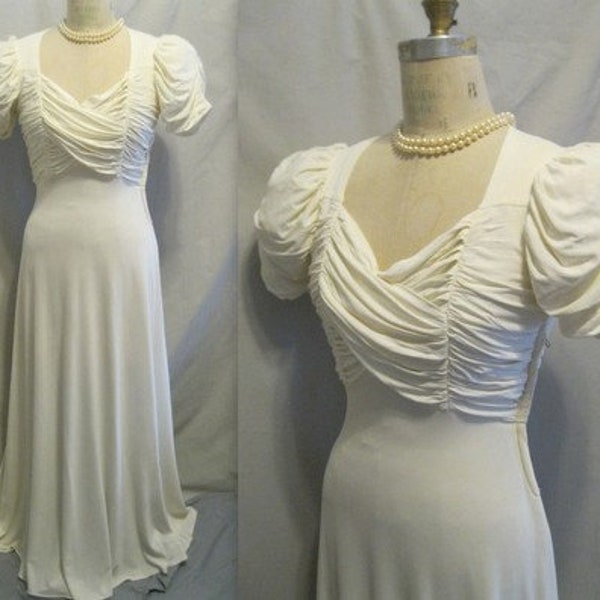 Vintage Late 1930s - 1940s WWII Era WEDDING or Evening DRESS Gown Rayon Jersey Dramatic Draping Sweetheart Neckline Prom  Bust 36"