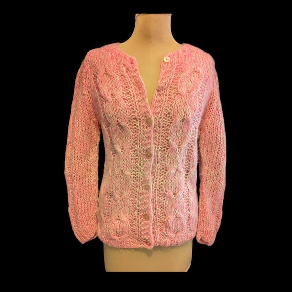 Vintage 60s MOHAIR Cardigan SWEATER Handknit V-neck Cabled Bust 