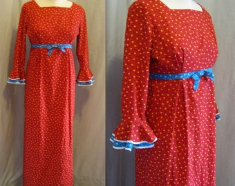 Vintage 60s MOD Empire Maxi DRESS Cotton Calico Print GRANNY Cottagecore  Prairie Hippie Country Festival  Bust: 38" Medium