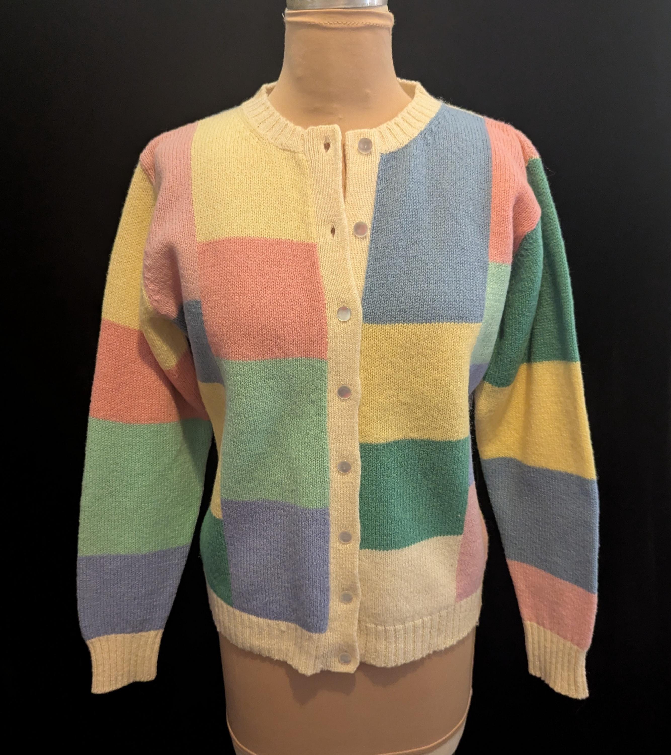 Orvis Blue White Brown Patchwork Knit Cardigan Button Up