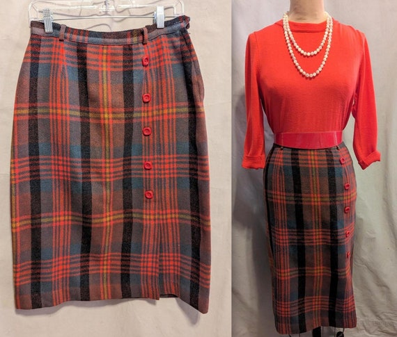 Vintage 50s 60s PLAID Wool Pencil SHEATH SKIRT w.… - image 1
