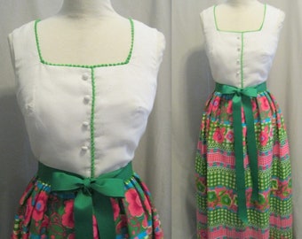 Vintage 70s Miss ELLIETTE MAXI DRESS Floral Skirt, White Bodice. Hostess Gown Bust 37 Small/Medium