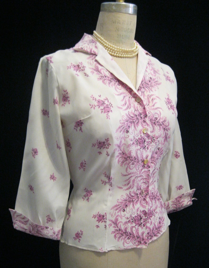 Vintage 50s Lavender Border PRINT BLOUSE Top Shirt Romantic Style Sportswear Size Bust 40