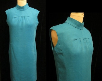 Vintage 60s MOD SHIFT DRESS Heavy Linen Minimalist Architectural with Two Pockets Bust 39"