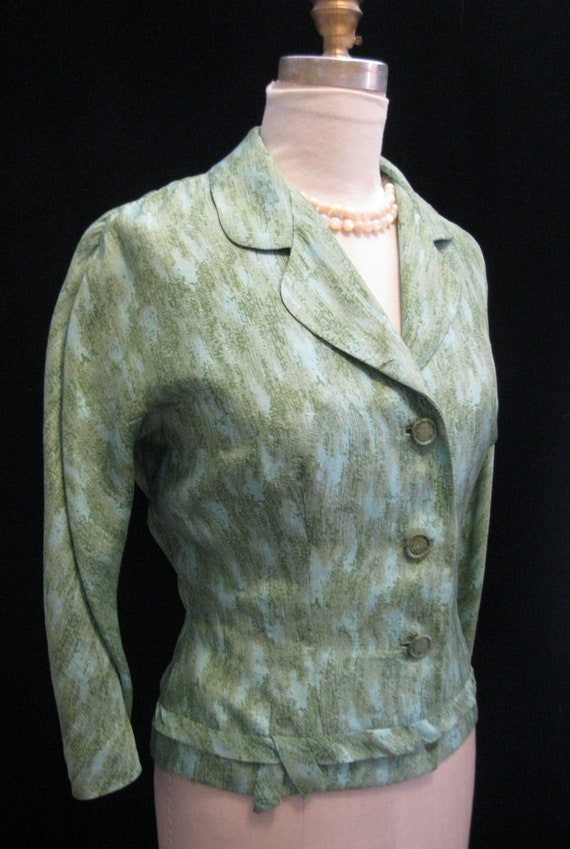 Vintage 50s SILK Shantung SUIT JACKET Green Abstr… - image 4