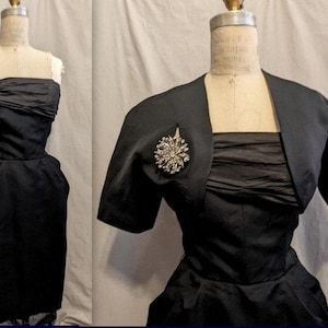 Vintage 50s Strapless Silk Faille MARILYN DRESS with Pockets! Cocktail Party LBD with Matching Versatile Bolero ~Bust 33.5&quot; Small