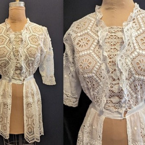 Vintage Late EDWARDIAN /Titanic Era 1910-1915 BLOUSE with PEPLUM Broderie Anglaise Cotton Lawn Wedding Steampunk Boho Kimono Cut  ~Bust 42"