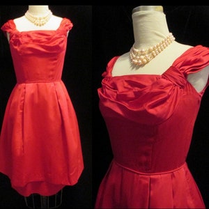 Valentines Day! Vintage 50s RED SATIN Cocktail Party DRESS with Draped Shelf Bust  2-Piece Tulip Skirt Prom  Christmas Dress~Bust: 39&quot;