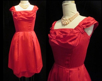 Vintage 50s RED SATIN Cocktail Party DRESS with Draped Shelf Bust  2-Piece Tulip Skirt Prom Holiday  Christmas Dress~Bust: 39"