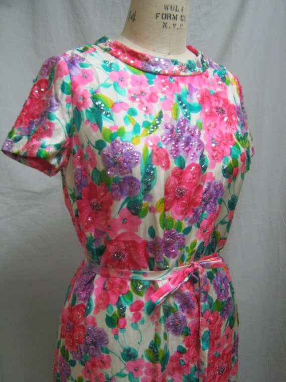 Vintage 60 VOLUP MOD Sequinned Silk Shift DRESS b… - image 2
