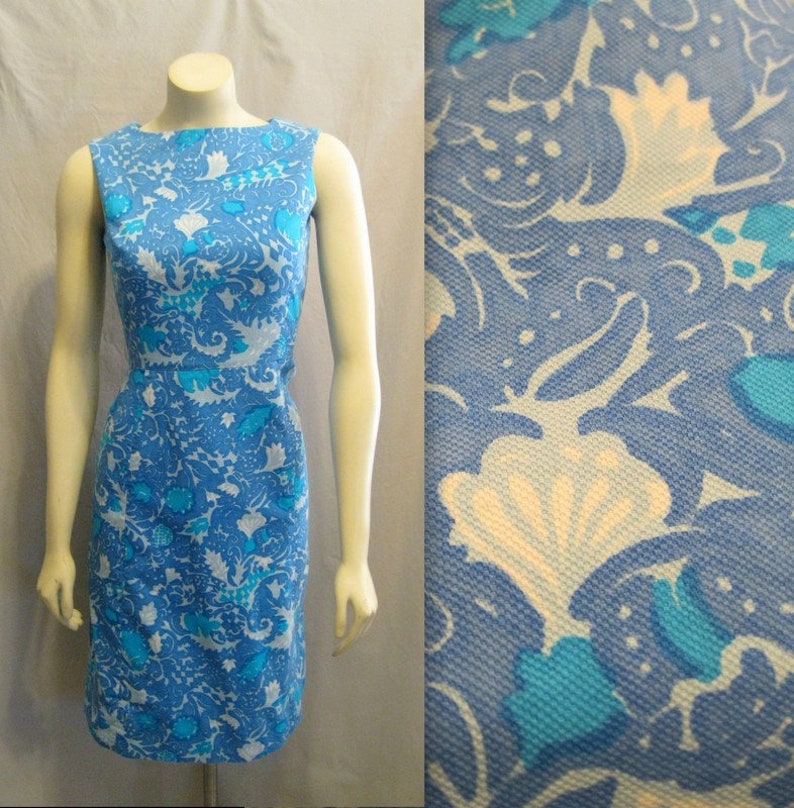 Vintage 60s 70s MOD Preppy DRESS Sleeveless Shift Button Back Floral Print Bust: 36 image 1