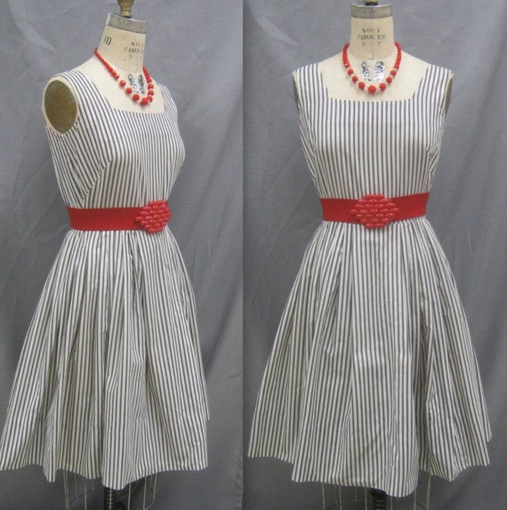 Buy Vintage 50s 60s TICKING STRIPE DRESS Crisp Tailored With Buy Vintage 50s 60s TICKING STRIPE DRESS Crisp Tailored With