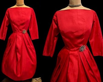 LIPSTICK RED Vintage 50s Full Skirt DRESS Taffeta Holiday Valentines Day Cocktail Party Fit and Flare   Bust: 36"