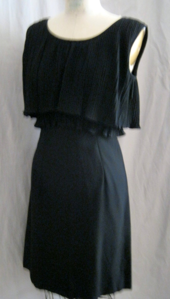 Vintage 50s 60s Black Rayon Crepe Sheath DRESS wi… - image 2