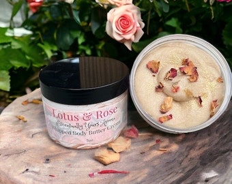 2 Piece Set of Lotus Rose Body Butter Cream & Whipped Foaming Sugar Scrub ~ Lightly scented Body Cream ~ Pink French Clay ~ 2 ~ 8 oz jars