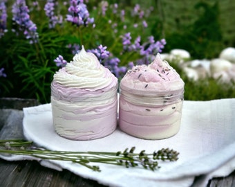 2 Piece Set of Lavender Aloe Body Butter Cream & Whipped Foaming Sugar Scrub ~ Calming Lavender Body Cream ~ Soothing Aloe ~ 8 oz jars