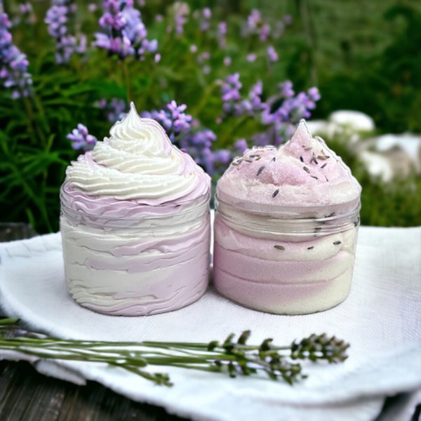 2 Piece Set ~ Lavender Aloe Body Butter Cream & Whipped Foaming Sugar Scrub ~ Cleanse, Exfoliate, and Hydrate!