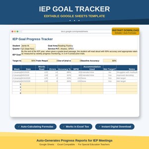 May include: An IEP Goal Tracker digital template for Google Sheets. The interface displays fields for student name, goal area, and service provider. A data table tracks weekly progress with columns for date, words read, errors, accuracy, WPM, and notes.