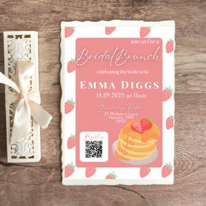 Zaproszenie na brunch dla panny młodej z truskawkami, personalizowane | Berry Cute | Edytowalna kartka cyfrowa w Canva | Natychmiastowe pobranie