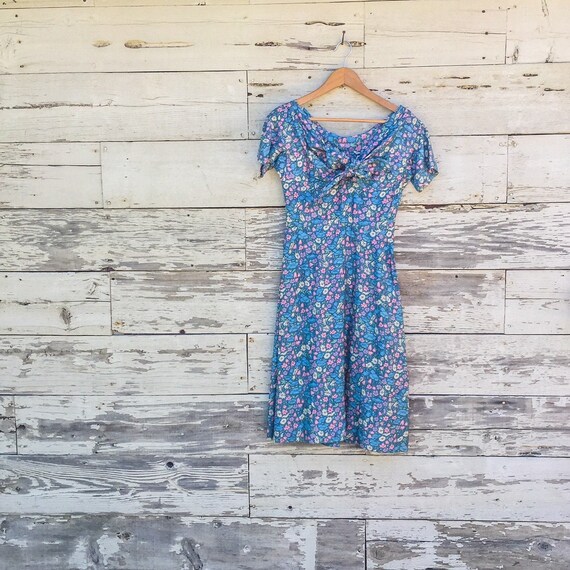 40's silk floral sun dress with bow • XXS / XS