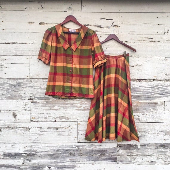 70's 2 piece plaid shirt dress set • S
