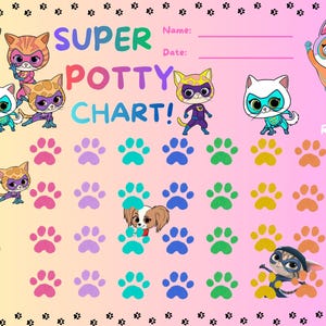 Peut inclure: Un tableau d'apprentissage de la propreté coloré avec des chats de super-héros de dessins animés et des empreintes de pattes. Le tableau comprend des espaces pour un nom, une date et une section de récompense.
