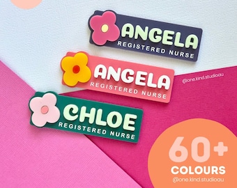 Flower work name badge / OVER 60 COLOUR CHOICES  nurse teacher midwife name tag / custom colours bright fun name tag rectangle