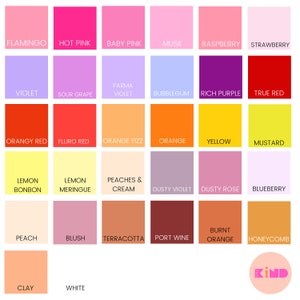 May include: A color palette featuring a grid of various color swatches, each labeled with a unique name. Colors range from pinks and purples to oranges and yellows, including shades like "Hot Pink," "Mustard," and "Burnt Orange." The word "KIND" is in a circle at the bottom right.
