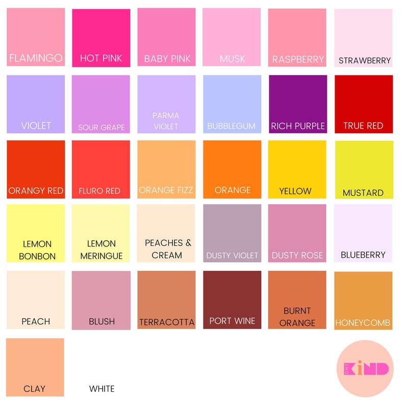May include: A color palette featuring a grid of various color swatches, each labeled with a unique name. Colors range from pinks and purples to oranges and yellows, including shades like "Hot Pink," "Mustard," and "Burnt Orange." The word "KIND" is in a circle at the bottom right.
