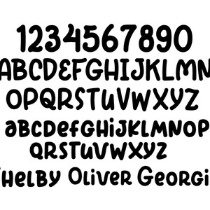 May include: A complete black font set featuring numbers, uppercase and lowercase alphabets, and the names "Shelby Oliver Georgia" in a bold, rounded style. The letters and numbers are displayed against a white background.