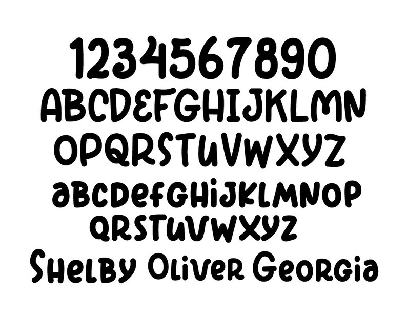 May include: A complete black font set featuring numbers, uppercase and lowercase alphabets, and the names "Shelby Oliver Georgia" in a bold, rounded style. The letters and numbers are displayed against a white background.