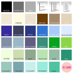 May include: A color palette featuring a variety of hues, including black, charcoal, grey, beige, cream, nude, brown, cappuccino, and latte. The palette also includes shades of blue, green, and aqua, with labels for each color. Clear and frosted clear swatches are also shown.