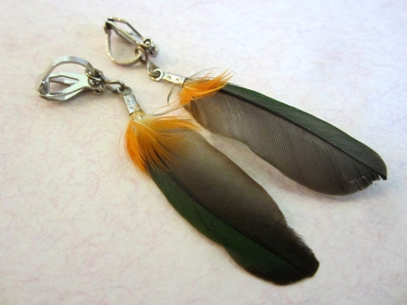 Feather earrings for children/'s feather ear clips green orange clips girls feather children/'s jewelry