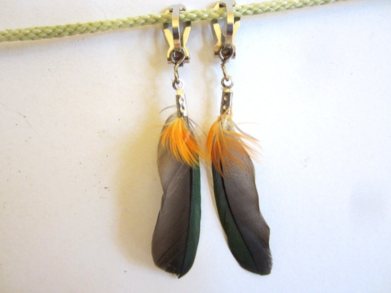 Feather earrings for children/'s feather ear clips green orange clips girls feather children/'s jewelry