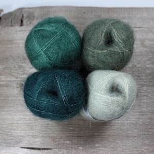 Filcolana TILIA Kid Silk 25g Kid Mohair Lace weight yarn Colors 347 Deep pine 124 Reseda 355 Green tea  105 Slate green