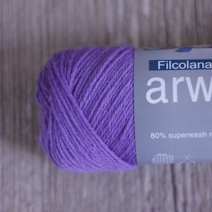 以下が含まれることがあります： Filcolana arwett classicとラベル付けされた紫色の糸の玉。テキストは「80% superwash merino wool, 20...」