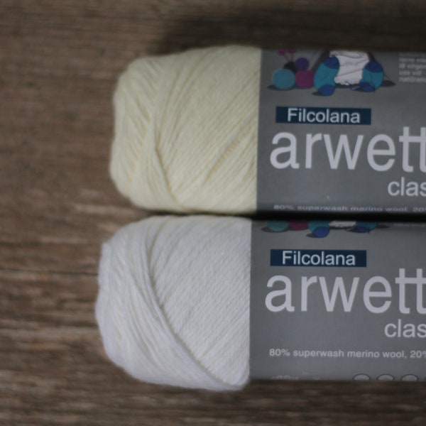 Laine à chaussettes Filcolana Arwetta Classic 50 g, 4 fils, couleurs 100 blanc neige et 101 blanc naturel