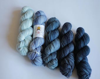 Hand dyed superwash merino yarn Blue shades gradient DK weight