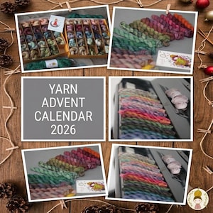 May include: A yarn advent calendar 2026 featuring multiple compartments filled with small, multicoloured skeins of yarn in various shades of green, pink, purple, and orange, displayed in boxes and organised rows on a wooden surface.