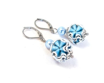 Upcycled earring made of light blue coffee capsules Snowball variety