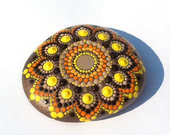 Mandala Stone Dot Painting yellow/orange, natural stone