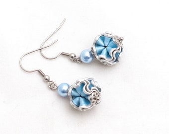 Upcycled earrings made from light blue coffee capsules, Snowball variety