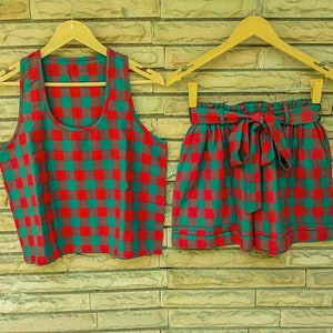 Women’s 2-Piece Red And Green Gingham Checks Cotton Co-ord Set Sleeveless Crop Top High-Waist Shorts Boho Summer Outfit Sleeves Dress MG1062