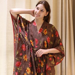 Silk Kaftan Elegant Brown & Yellow Floral Printed Plus size Kaftan with belt Loose fit Bohemian Long Caftan Maxi Dress PS KFN2967
