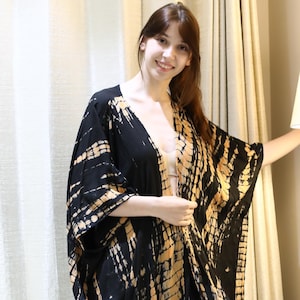 Women&#39;s Tie dye long kimono robe With Pant, boho kimono dress, hippie robe Black & Brown Long kimono robe best gift for her PS TD17