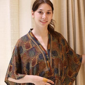 Silk Kaftan Elegant Brown & Blue Floral Printed Plus size Kaftan with belt Loose fit Bohemian Long Caftan Maxi Dress PS KFN2960