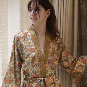 Pure Silk midi kimono White and Green kimono robe women knee length silk dressing gown Lounge Wear Luxury gift for wife PS MKMO2108