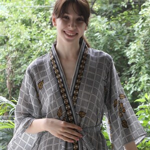 Pure Silk midi kimono White and Black kimono robe women knee length silk dressing gown Lounge Wear Luxury gift for wife PS MKMO2092